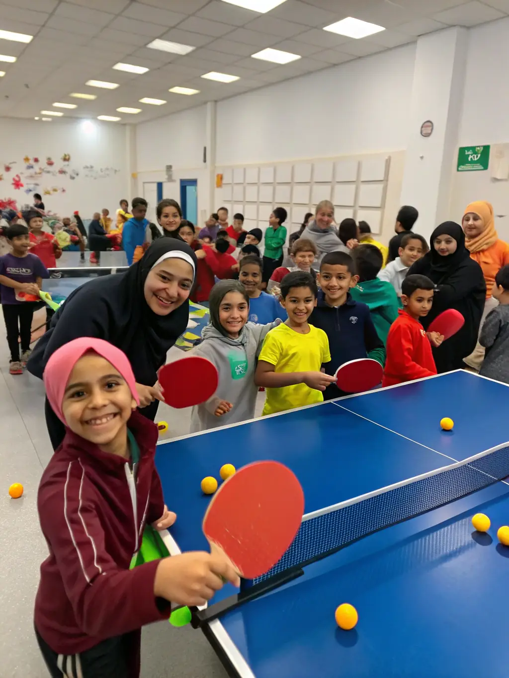 A group photo of CSM members of various ages and skill levels, smiling and holding their table tennis rackets, emphasizing the community aspect of the club.
