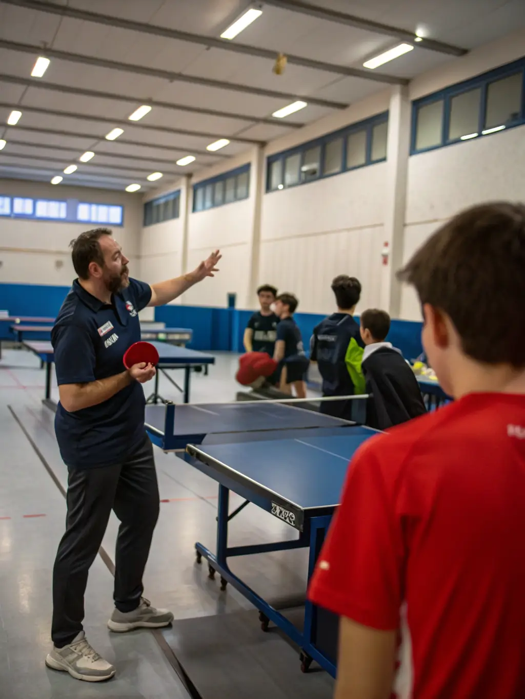 A focused shot of a table tennis training session at CSM, showcasing players practicing different strokes under the guidance of a coach.