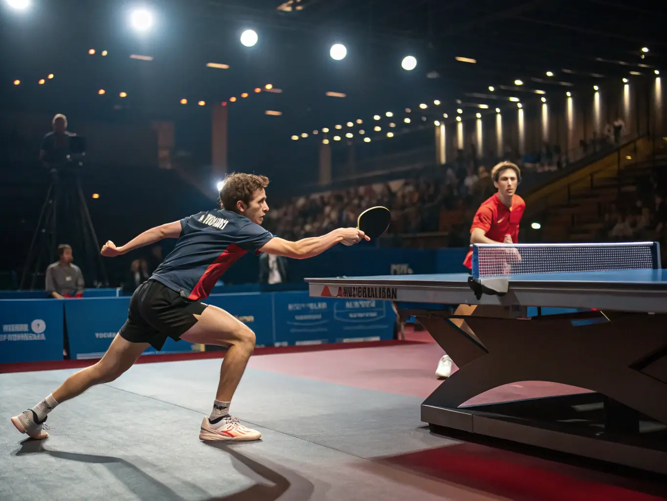 A dynamic shot of a table tennis match in progress, showcasing two players intensely focused on the game, with the CSM logo subtly visible in the background.
